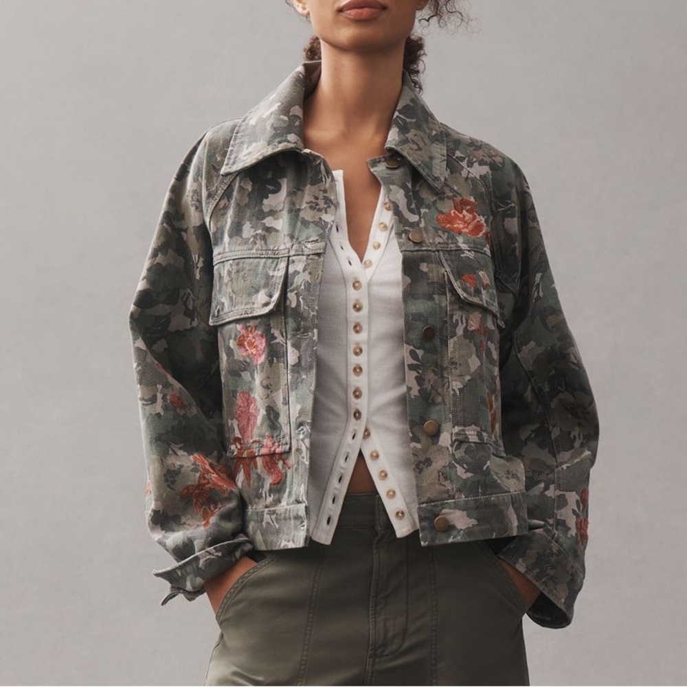 🌹Anthropologie Camouflage Denim Utility Jacket Pilcro New Floral Embroidered